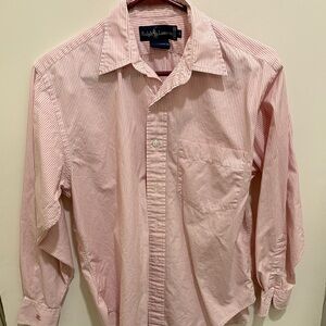 Ralph Lauren women’s pink striped button front shirt, size 8.